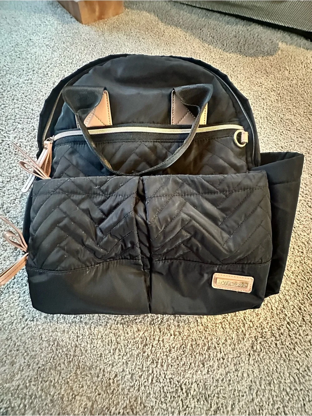 Skip Hop Black Quilted Diaper Backpack with Gold Accents